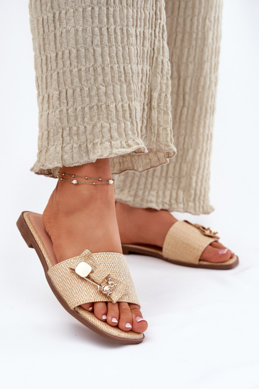 Damespantoffels met brede hakken met linten beige Sallariela Damespantoffels met brede hakken met linten beige Sallariela