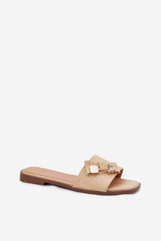 Damespantoffels met brede hakken met linten beige Sallariela Damespantoffels met brede hakken met linten beige Sallariela