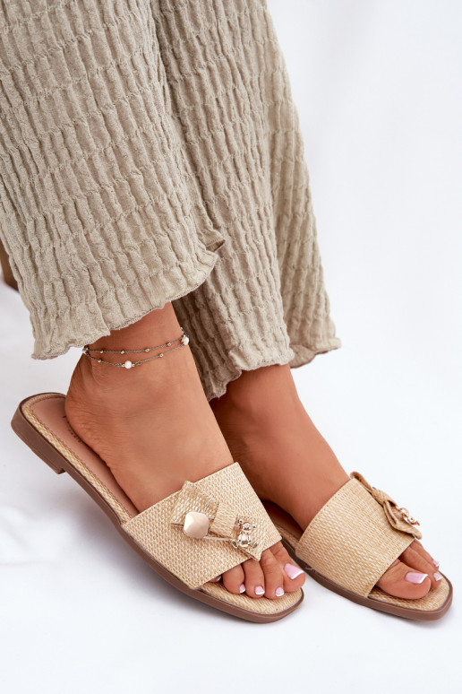 Damespantoffels met brede hakken met linten beige Sallariela Damespantoffels met brede hakken met linten beige Sallariela