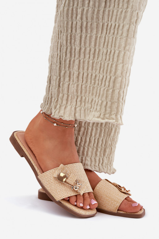 Damespantoffels met brede hakken met linten beige Sallariela Damespantoffels met brede hakken met linten beige Sallariela