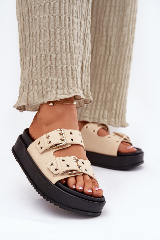 Damespantoffels met gespen met platform beige Nilatha Damespantoffels met gespen met platform beige Nilatha