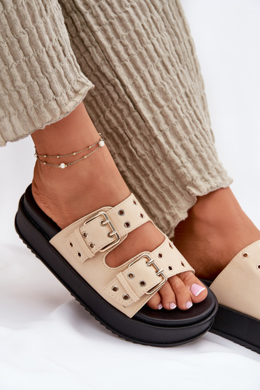 Damespantoffels met gespen met platform beige Nilatha Damespantoffels met gespen met platform beige Nilatha