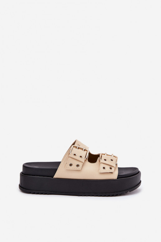 Damespantoffels met gespen met platform beige Nilatha Damespantoffels met gespen met platform beige Nilatha