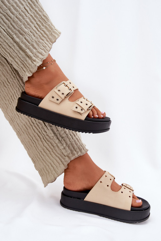 Damespantoffels met gespen met platform beige Nilatha Damespantoffels met gespen met platform beige Nilatha
