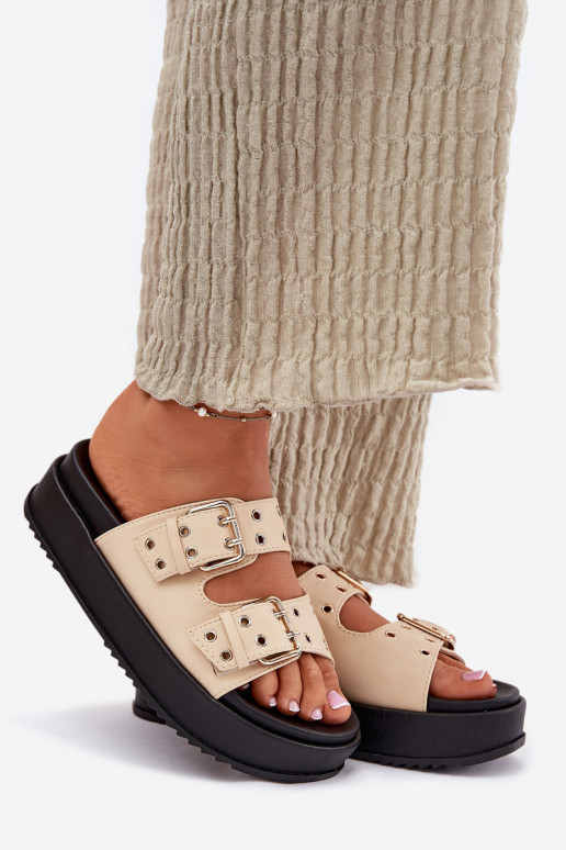 Damespantoffels met gespen met platform beige Nilatha Damespantoffels met gespen met platform beige Nilatha