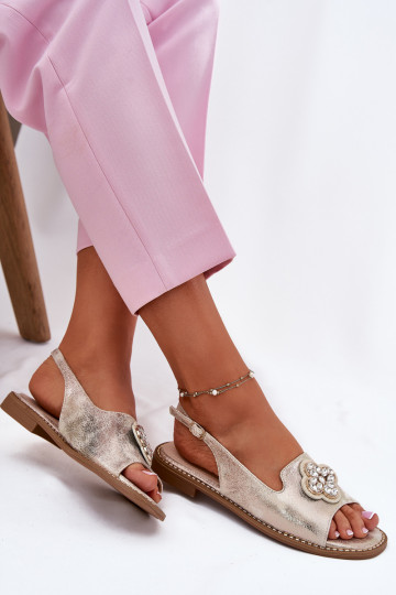 Dames sandalen met brede hakken Met sierlijk Detalem S.Barski KV51-080 gouden kleur