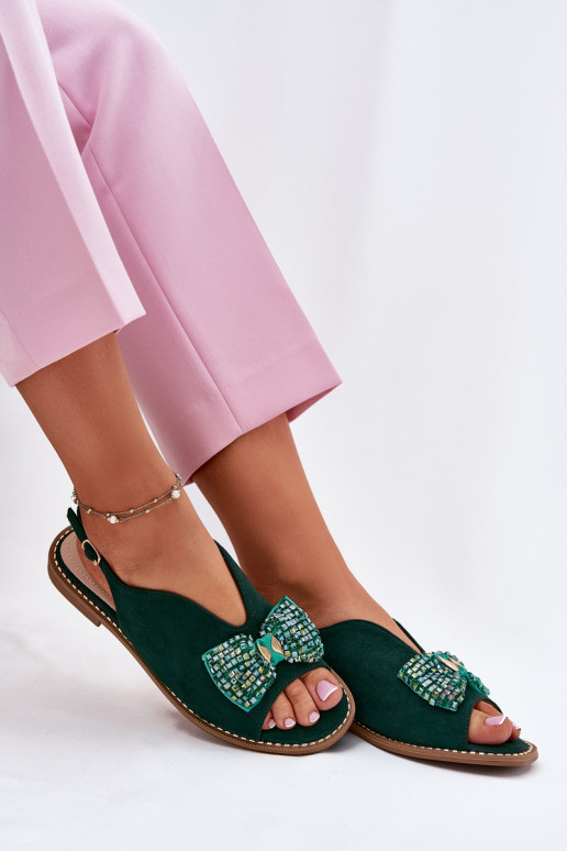 Dames sandalen met linten met brede hakken S.Barski KV51-014 groene kleur