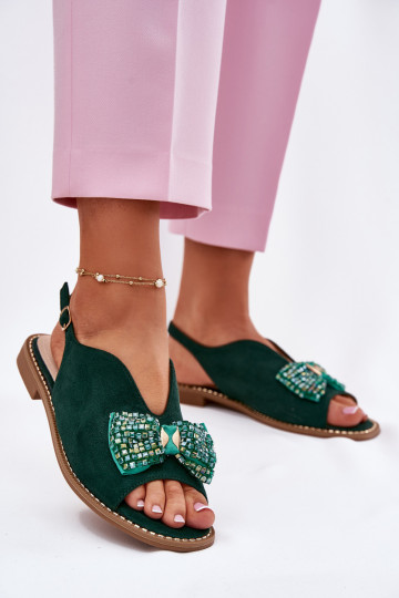 Dames sandalen met linten met brede hakken S.Barski KV51-014 groene kleur 2