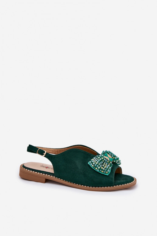 Dames sandalen met linten met brede hakken S.Barski KV51-014 groene kleur