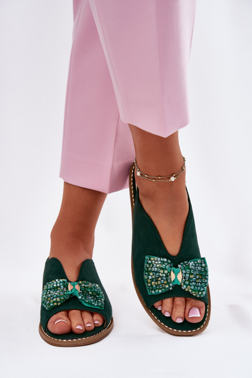 Dames sandalen met linten met brede hakken S.Barski KV51-014 groene kleur