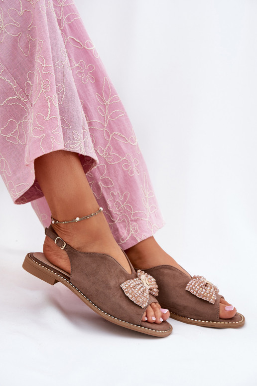 Dames sandalen met linten met brede hakken S.Barski KV51-014 beige