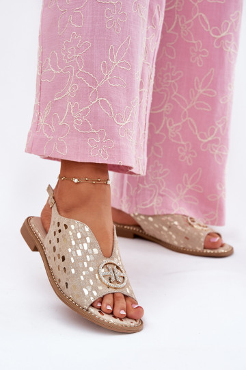 Dames sandalen met brede hakken met ornamenten S.Barski KV51-094 gouden kleur