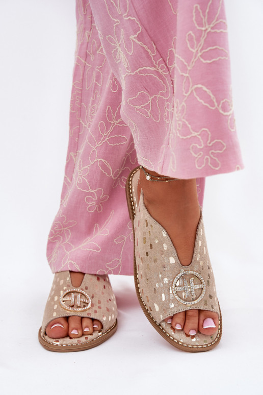 Dames sandalen met brede hakken met ornamenten S.Barski KV51-094 gouden kleur