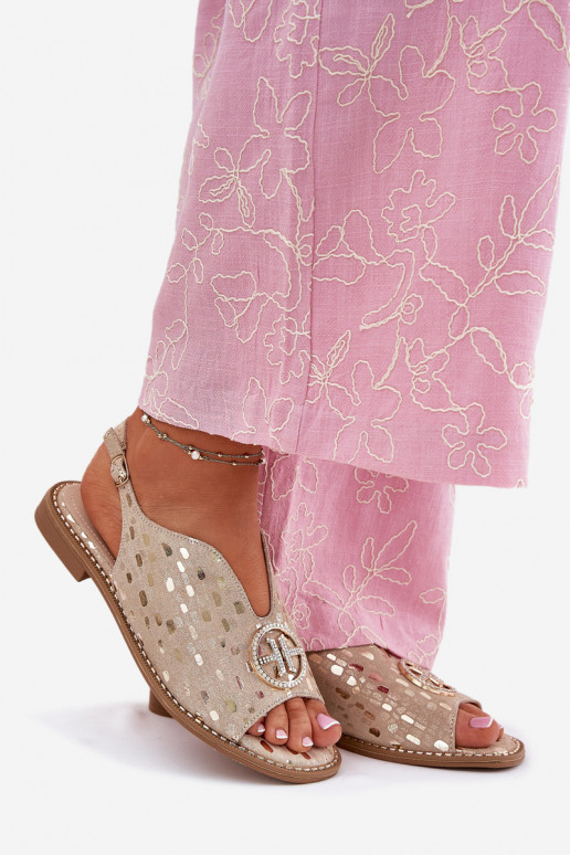 Dames sandalen met brede hakken met ornamenten S.Barski KV51-094 gouden kleur