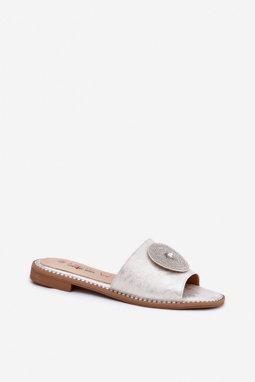 Damespantoffels met brede hakken met ornamenten S.Barski KV51-013 zilvere kleur