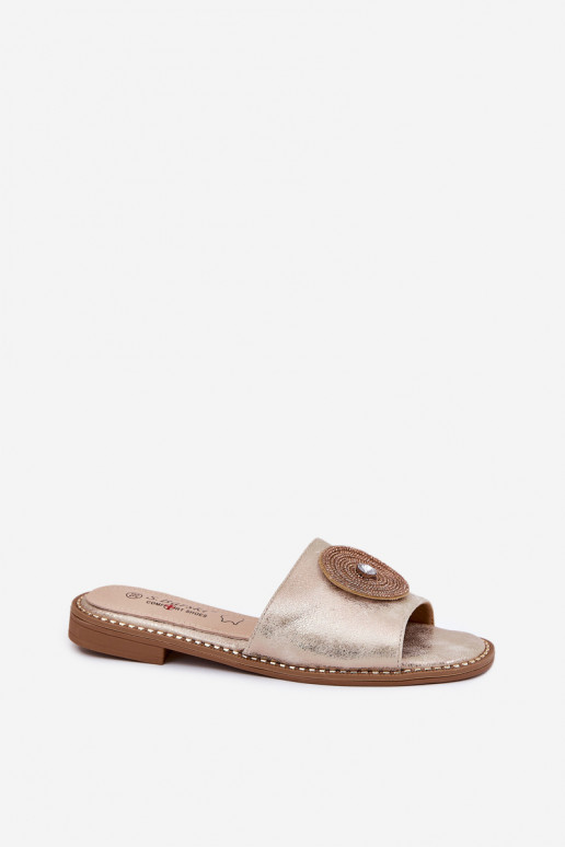 Damespantoffels met brede hakken met ornamenten S.Barski KV51-013 gouden kleur