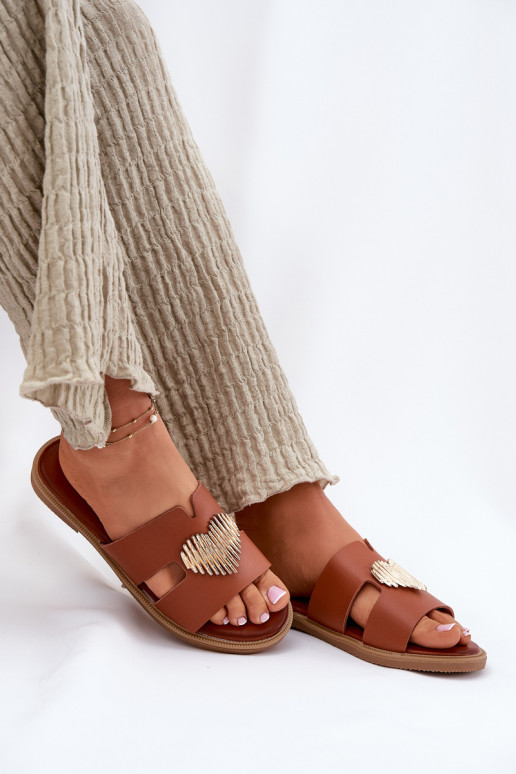 Damespantoffels met brede hakken met gouden details bruine kleur Karinma