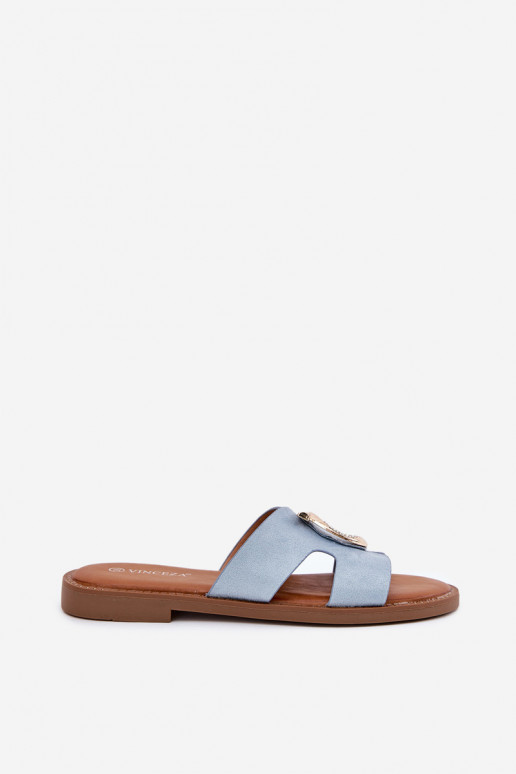 Damespantoffels met brede hakken met ornamenten Vinceza 17381 blauIn