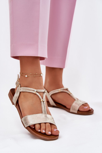 Dames Platte sandalen Met Strepen S.Barski KV51-120 gouden kleur