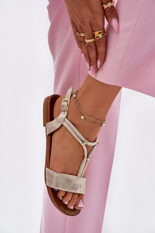 Dames Platte sandalen Met Strepen S.Barski KV51-120 gouden kleur Dames Platte sandalen Met Strepen S.Barski KV51-120 gouden kleur