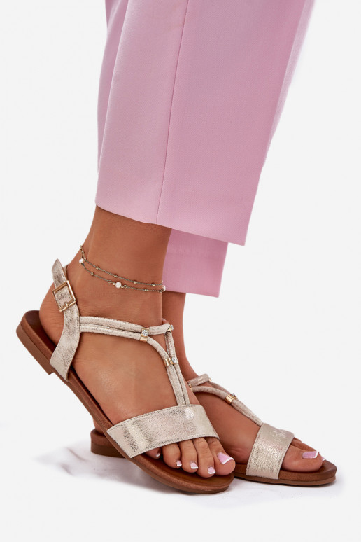 Dames Platte sandalen Met Strepen S.Barski KV51-120 gouden kleur Dames Platte sandalen Met Strepen S.Barski KV51-120 gouden kleur