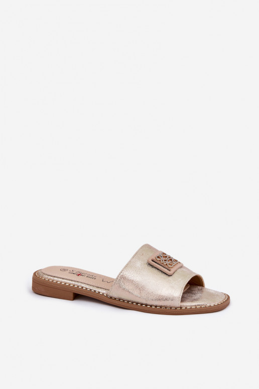 Platte slippers voor dames met ornamenten S.Barski KV51-089 gouden kleur Platte slippers voor dames met ornamenten S.Barski KV51-089 gouden kleur