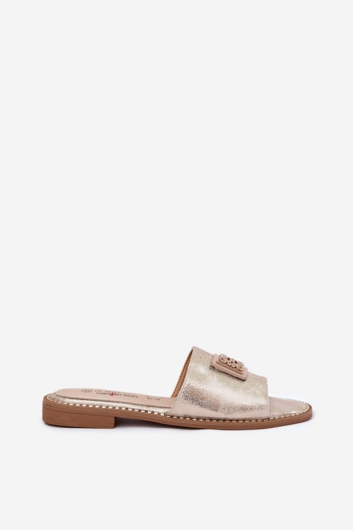 Platte slippers voor dames met ornamenten S.Barski KV51-089 gouden kleur Platte slippers voor dames met ornamenten S.Barski KV51-089 gouden kleur