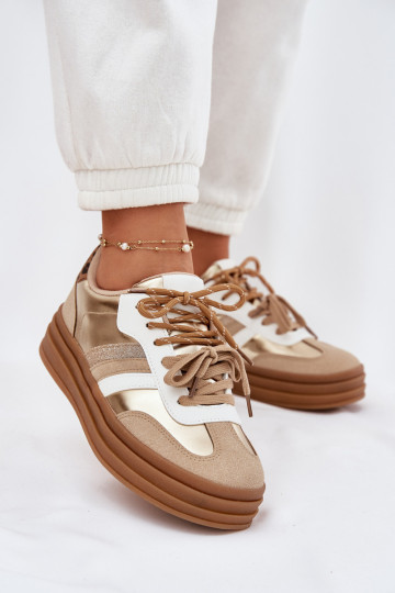 Gouden dames sneakers in sportstijl met platform, dubbele veters en luipaardprint, „Niteria"