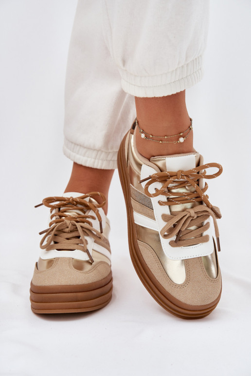 Sneakers model schoenen Dames met platform Z PodInójnym Vetersluitingm met luipaardbontpatronen gouden kleur Niteria