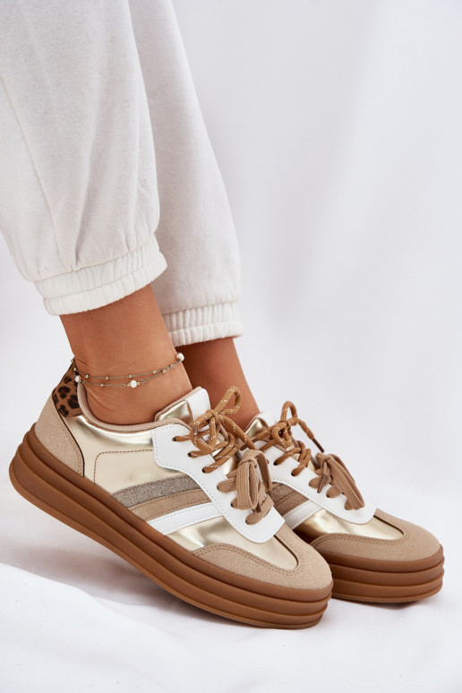 Sneakers model schoenen Dames met platform Z PodInójnym Vetersluitingm met luipaardbontpatronen gouden kleur Niteria