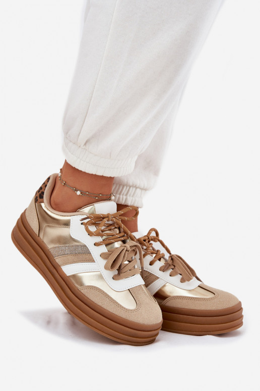 Sneakers model schoenen Dames met platform Z PodInójnym Vetersluitingm met luipaardbontpatronen gouden kleur Niteria