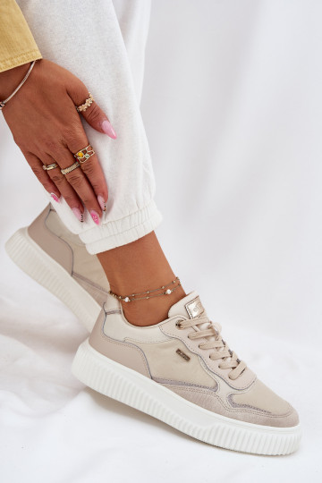 Zandkleurige leren sportieve dameschoenen met platform, "Velarria"