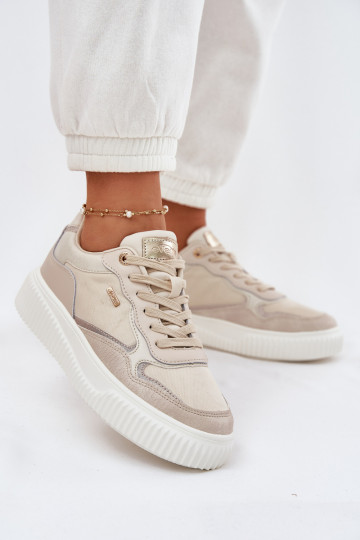 Zandkleurige leren sportieve dameschoenen met platform, "Velarria" 2