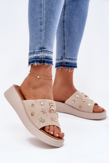 Zwarte elegante dames slippers met hak en gouden details, Vinceza 62229