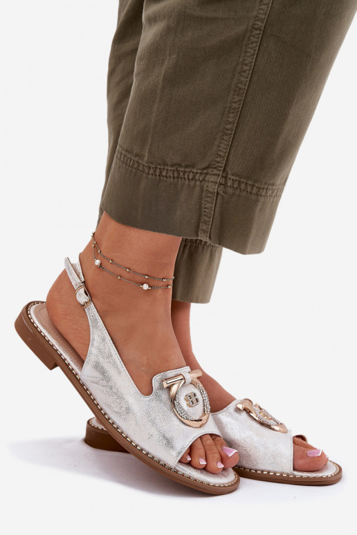 Elegante stijl sandalen met ornamenten met brede hakken S.Barski KV51-003 zilvere kleur