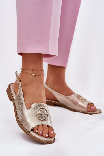 Dames sandalen met brede hakken en ornamenten S.Barski KV51-002 gouden kleur