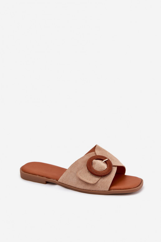 Damespantoffels met brede hakken met gespen beige Lanoni