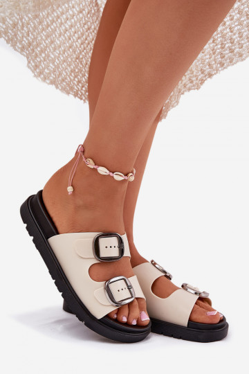 Damespantoffels met gespen met platform beige Elamas