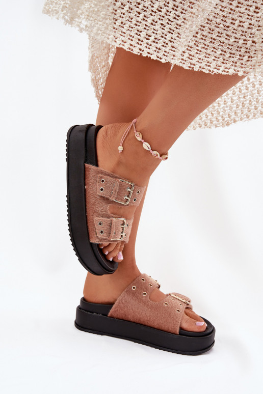 Damespantoffels Ze gouden kleurmi met gespenmi met platform beige Virvania