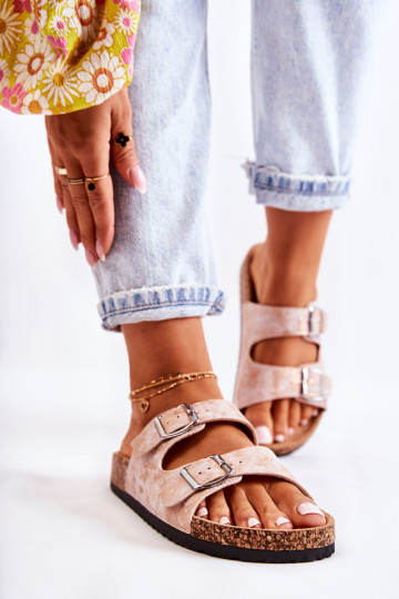 Dames slippers op kurken zool met gespen Vivio in roségoud
