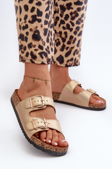 Damespantoffels met gespen gouden kleur Fronila