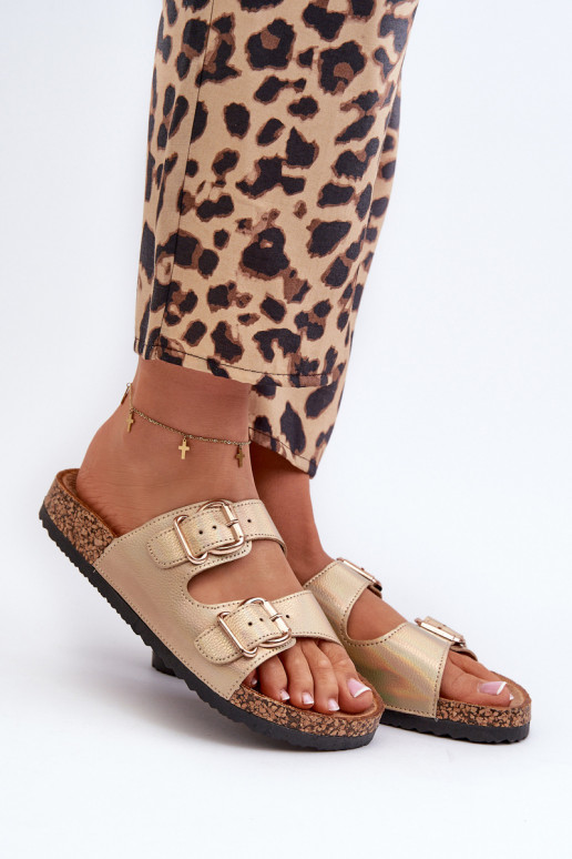 Damespantoffels met gespen gouden kleur Fronila