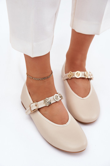 Ballerinas Dames met riemen I gouden kleurmi Przypinkami beige Firicene