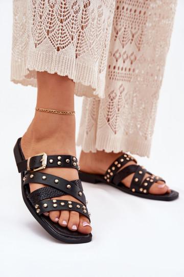 Gedecoriseerde dames slippers met brede hakken en bandjes en gespen Tai turinitte zwart 2