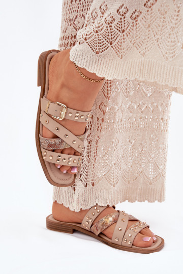 Gedecoriseerde dames slippers met brede hakken en bandjes en gespen Tai turinitte zandkleur