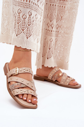 Gedecoriseerde dames slippers met brede hakken en bandjes en gespen Tai turinitte zandkleur 2