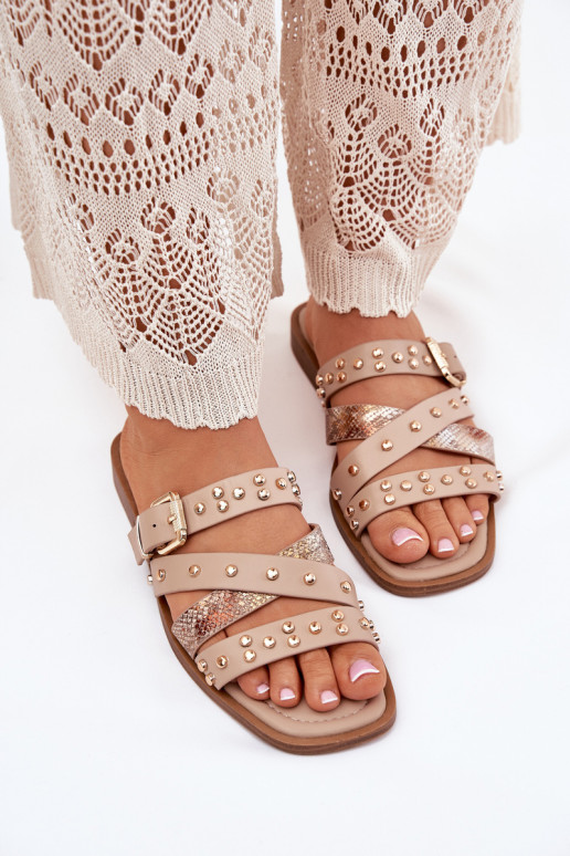 Versierd Damespantoffels met brede hakken Met Strepen I met gespen beige Het heeftnitte