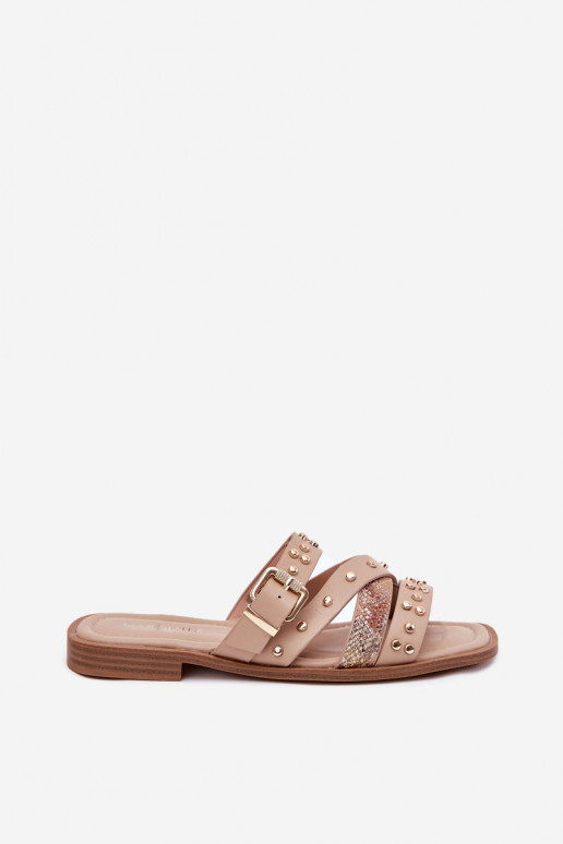 Versierd Damespantoffels met brede hakken Met Strepen I met gespen beige Het heeftnitte