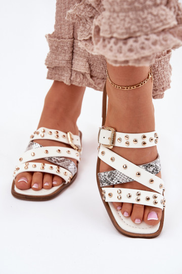 Versierde dames slippers met brede hakken en bandjes en gespen Tai turinitte wit