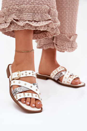 Versierde dames slippers met brede hakken en bandjes en gespen Tai turinitte wit 2
